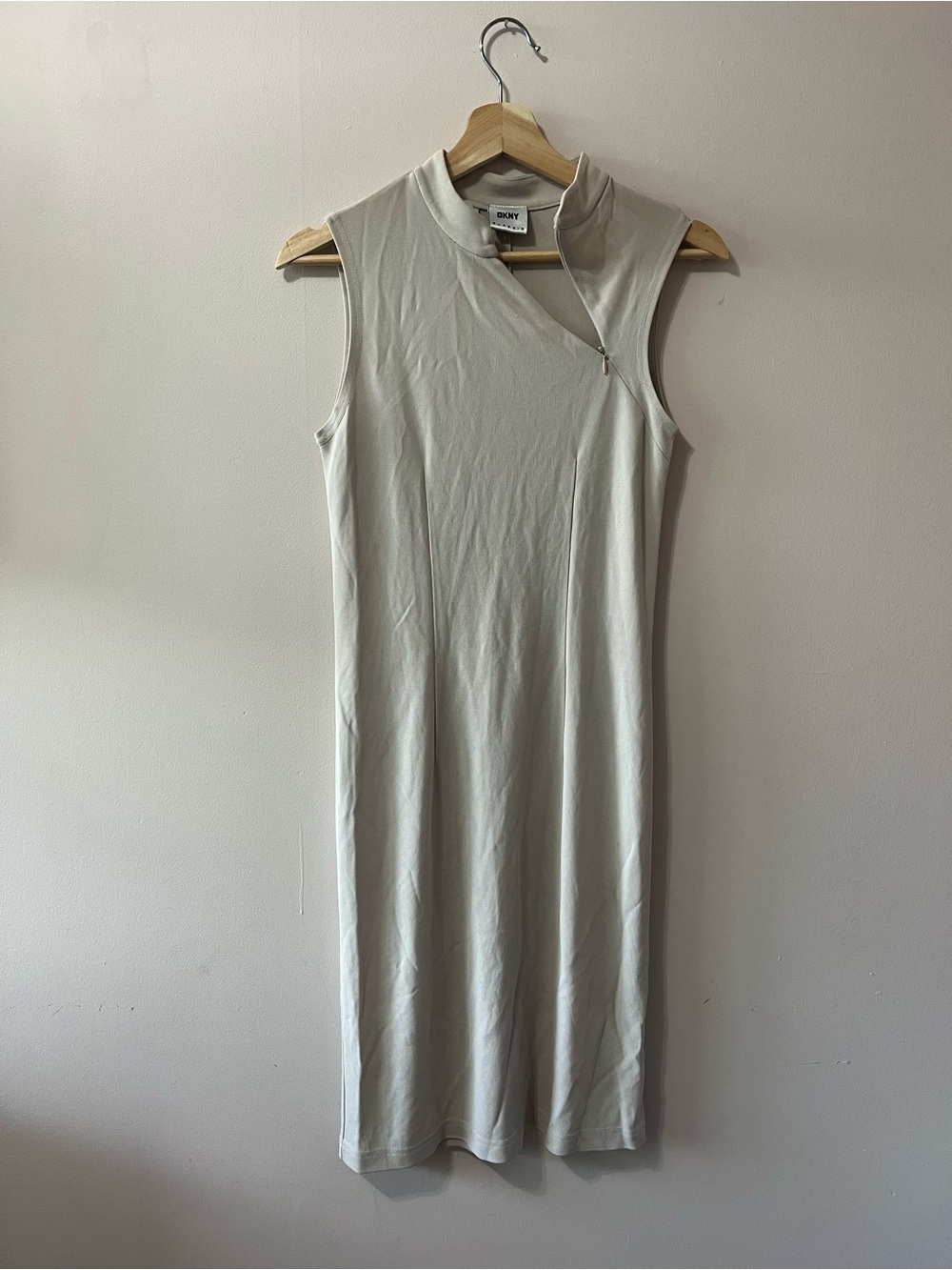 Vintage 90s DKNY Minimalist Mock Neck Dress | Neutral Midi